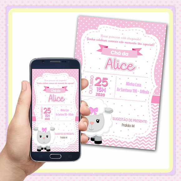 Convite Digital Chá de Bebê Ovelhinha Rosa