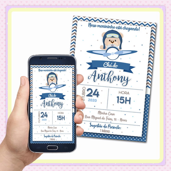 Convite Digital Chá de Bebê Urso Aviador