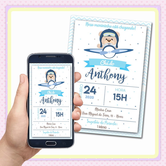Convite Digital Chá de Bebê Urso Aviador