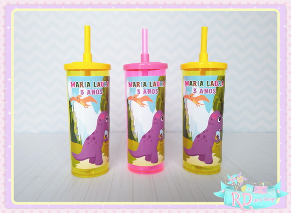 Copo Long Drink com Tampa Dinossauro Rosa Cute