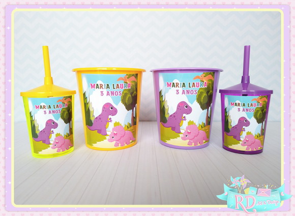 Kit Baldinho e Copo Shake Dinossauro Rosa Cute