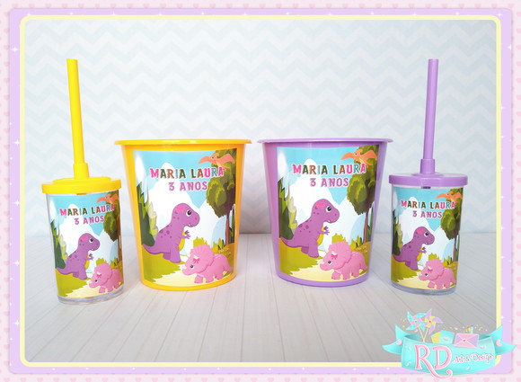 Kit Baldinho e Copo Short Drink Dinossauro Rosa Cute