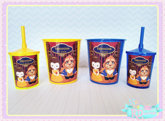 Kit Baldinho e Copo Shake A Bela e a Fera Cute