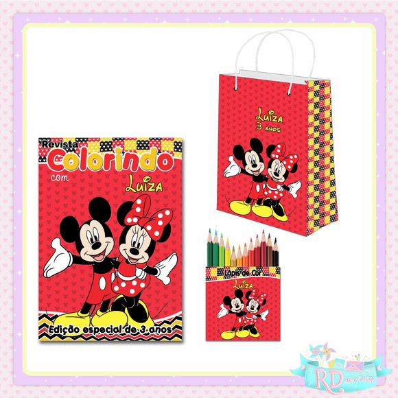 Kit Colorir com Lápis de Cor e Sacolinha Mickey e Minnie