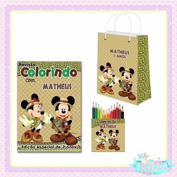 Kit Colorir com Lápis de Cor e Sacolinha Mickey Safari
