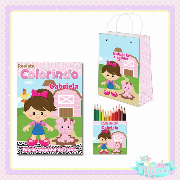 Kit Colorir com Lápis de Cor e Sacolinha Fazendinha Rosa