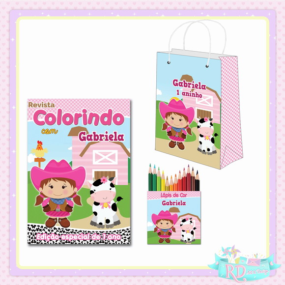 Kit Colorir com Lápis de Cor e Sacolinha Fazendinha Rosa