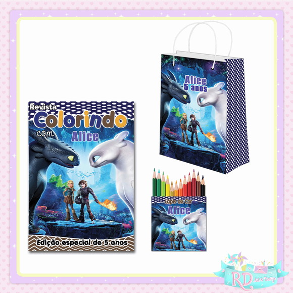 Kit Colorir Lápis de Cor Sacolinha Como Treinar o seu Dragão