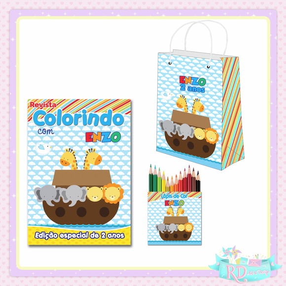 Kit Colorir com Lápis de Cor e Sacolinha Arca de Noé