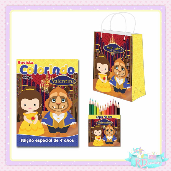 Kit Colorir com Lápis de Cor Sacolinha A Bela e a Fera Cute
