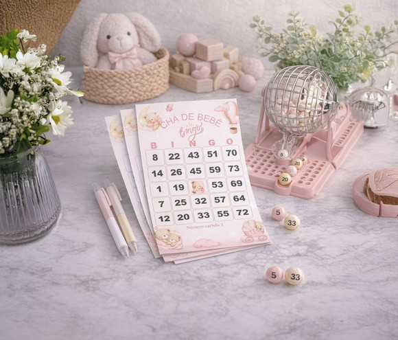 Arquivo Digital Cartelas Bingo Chá de Bebê Menina personalizado com o nome da criança