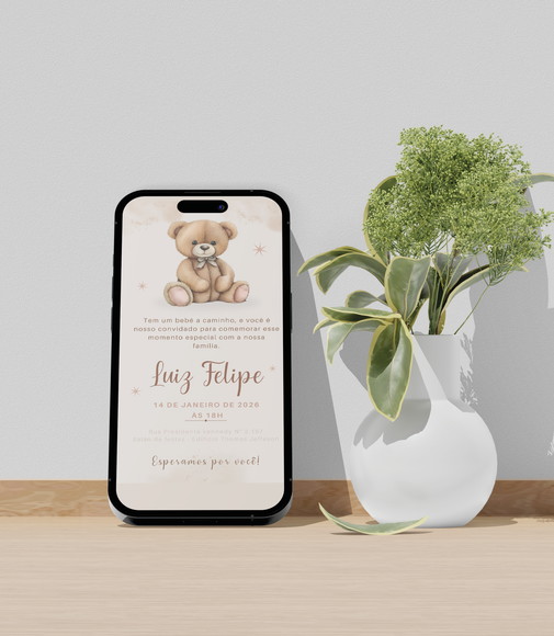 Convite Digital Chá de Bebê Ursinho Marrom (editável no canva)