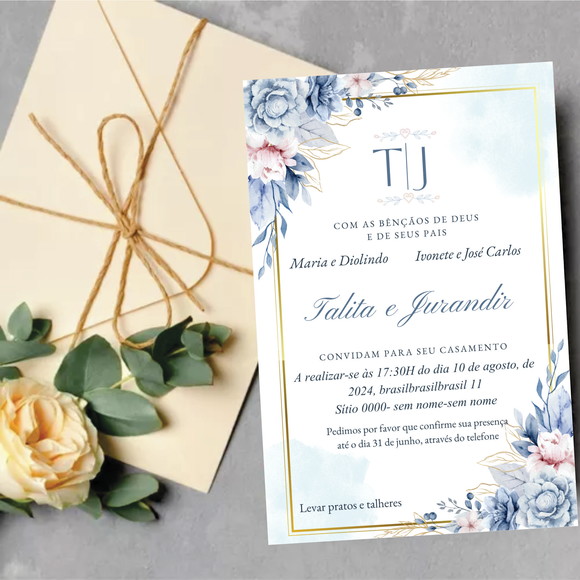 Convite Digital Casamento Floral Azul (Editável no canva)