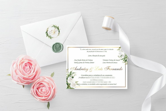 Arquivo Digital Convite Casamento Floral Verde Com Dourado (editado com seus dados)
