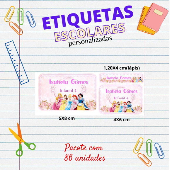 Etiquetas Escolares Kit 86 Unids Princesas