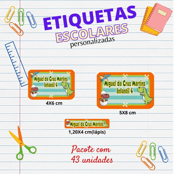 Etiquetas Escolares Kit 43 Unids Dinossauro Cute