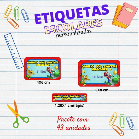 Etiquetas Escolares Kit 43 Unids Mario