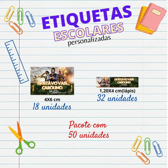 Etiquetas Escolares Kit 50 Unids Free Fire