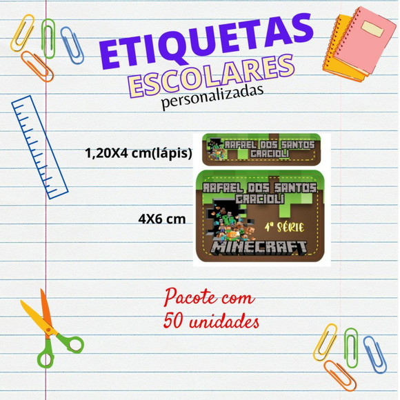 Etiquetas Escolares Kit 50 Unids Minecraft