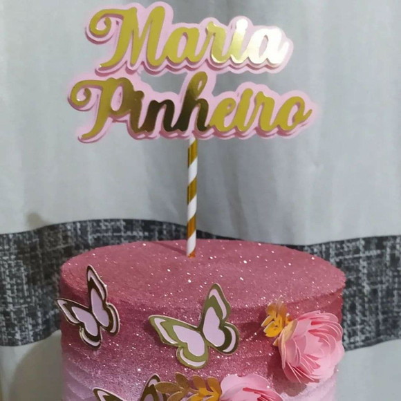 Topo De Bolo Dourado E Rosa Com Borboletas E Rosetas