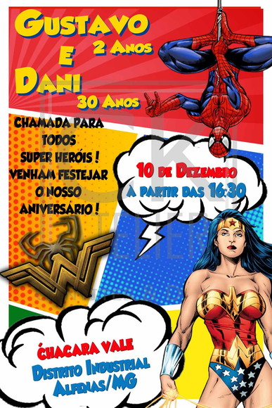 Convite Mulher Maravilha e homem aranha