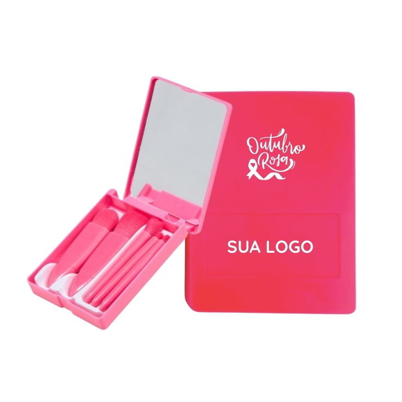 50 Kits Pincel c/ 5 Pínceis com Espelho Outubro Rosa Brinde
