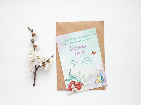 Convite Digital Personalizado a Pequena Sereia Aquarela