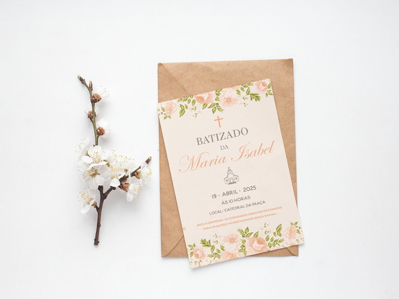 Convite Digital Personalizado Batizado Minimalista Floral