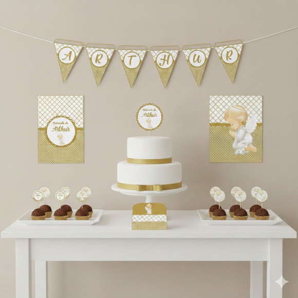 Kit Festa Personalizada Batizado Dourado - 39 Itens