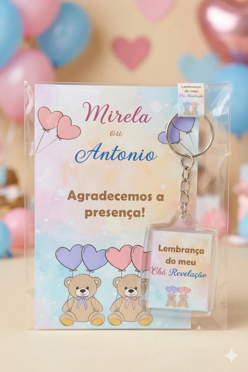 Chaveiro Personalizado Chá Revelação Ursinhos Lembrancinha - Imagem 1