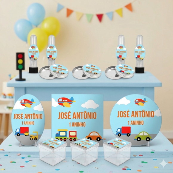 Kit Personalizado Latinha, Tubete, Caixa Acrílica Meios de Transporte
