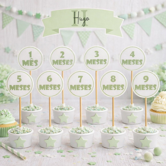 Kit 12 Topos Bolo Mesversário Personalizado Verde