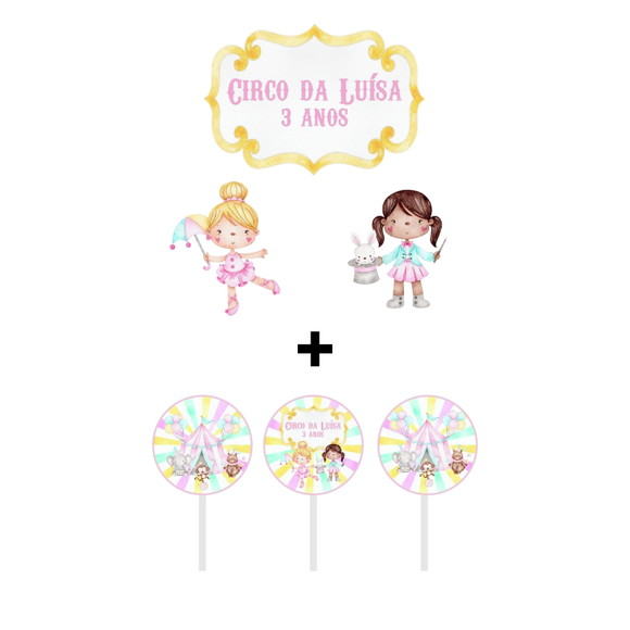 Topo de Bolo Personalizado Circo Rosa com Topper Docinho - Imagem 2