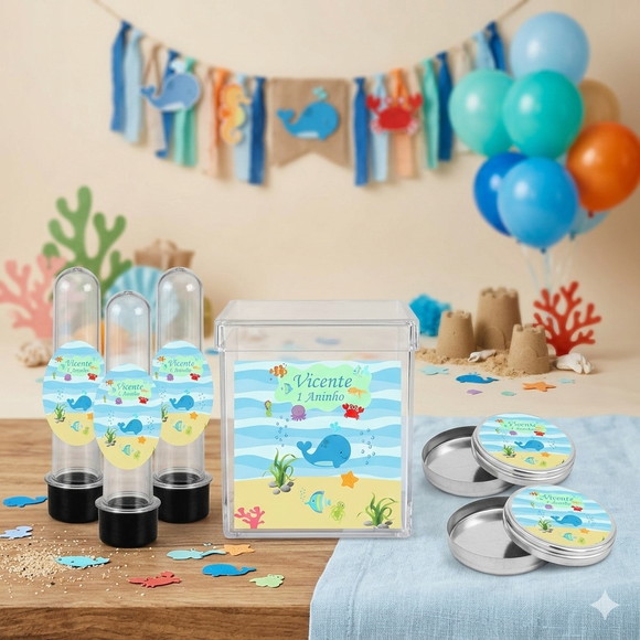 Kit Personalizado Latinha, Tubete, Caixinha Acrílica Fundo do Mar Menino