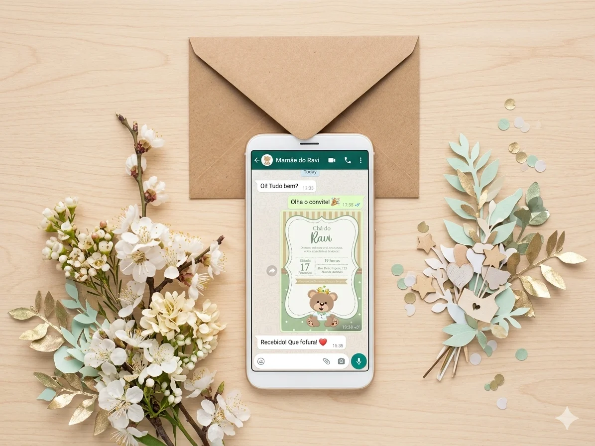Convite Digital Personalizado Chá de Bebê Ursinho Verde - Imagem 1