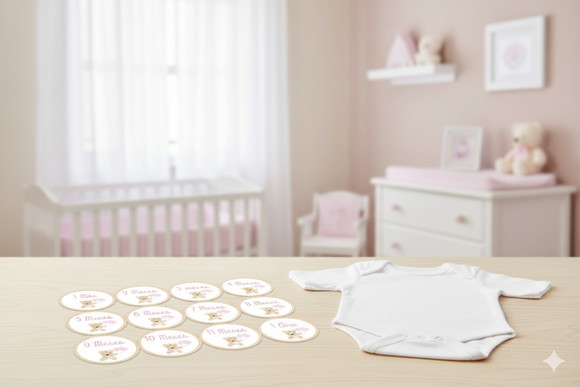 Kit Adesivo Mesversário Personalizado Ursinha Rosa e Bege