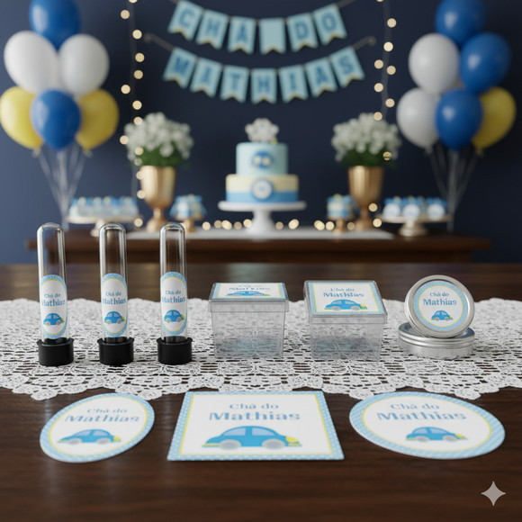 Kit Personalizado Latinha, Tubete, Caixa Acrílica Chá de Bebê Carrinho