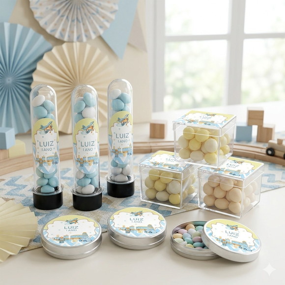 Kit Personalizado Latinha, Tubete, Caixa Acrílica Brinquedos Aquarela