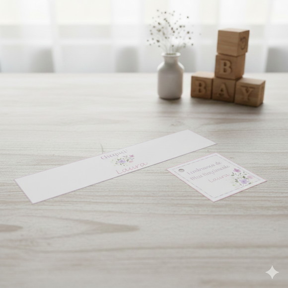 Rótulo Água Personalizado Floral Rosa e Lilás com Tag