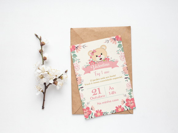 Convite Digital Personalizado Ursinha Floral