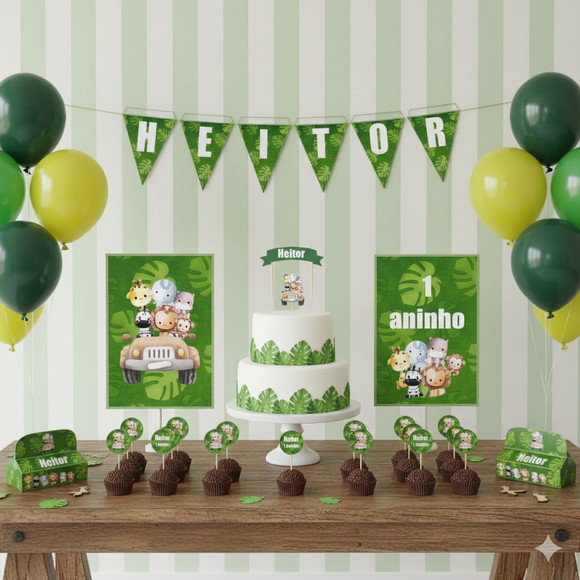 Kit Festa Personalizada Safari Aquarela - 39 Itens
