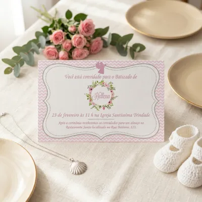 Convite Personalizado Impresso Batizado Rosa