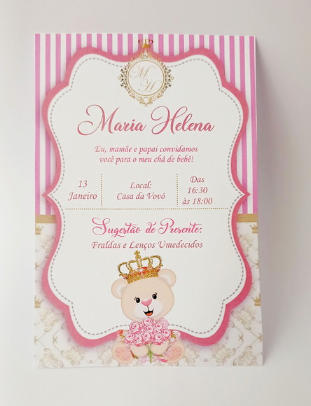 Convite Impresso Personalizado Chá de Bebê Ursinha Princesa