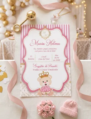 Convite Impresso Personalizado Chá de Bebê Ursinha Princesa