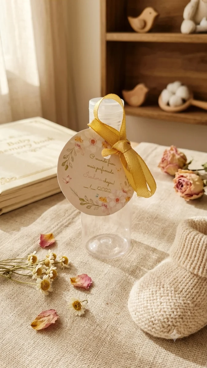 Lembrancinha Personalizada Maternidade Garrafinha 50 ml com Tag Floral - Imagem 1