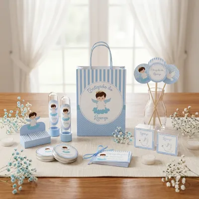 Kit Festa Personalizada Batizado Azul com 75 Peças