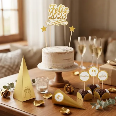 Kit Festa Personalizada Ano Novo Dourado com 36 Itens