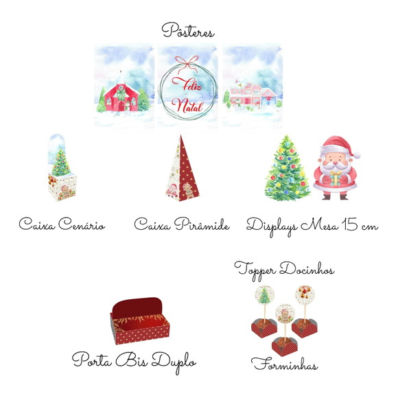 Kit Festa Personalizada Natal Aquarela com 45 Itens