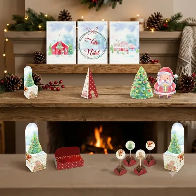 Kit Festa Personalizada Natal Aquarela com 45 Itens