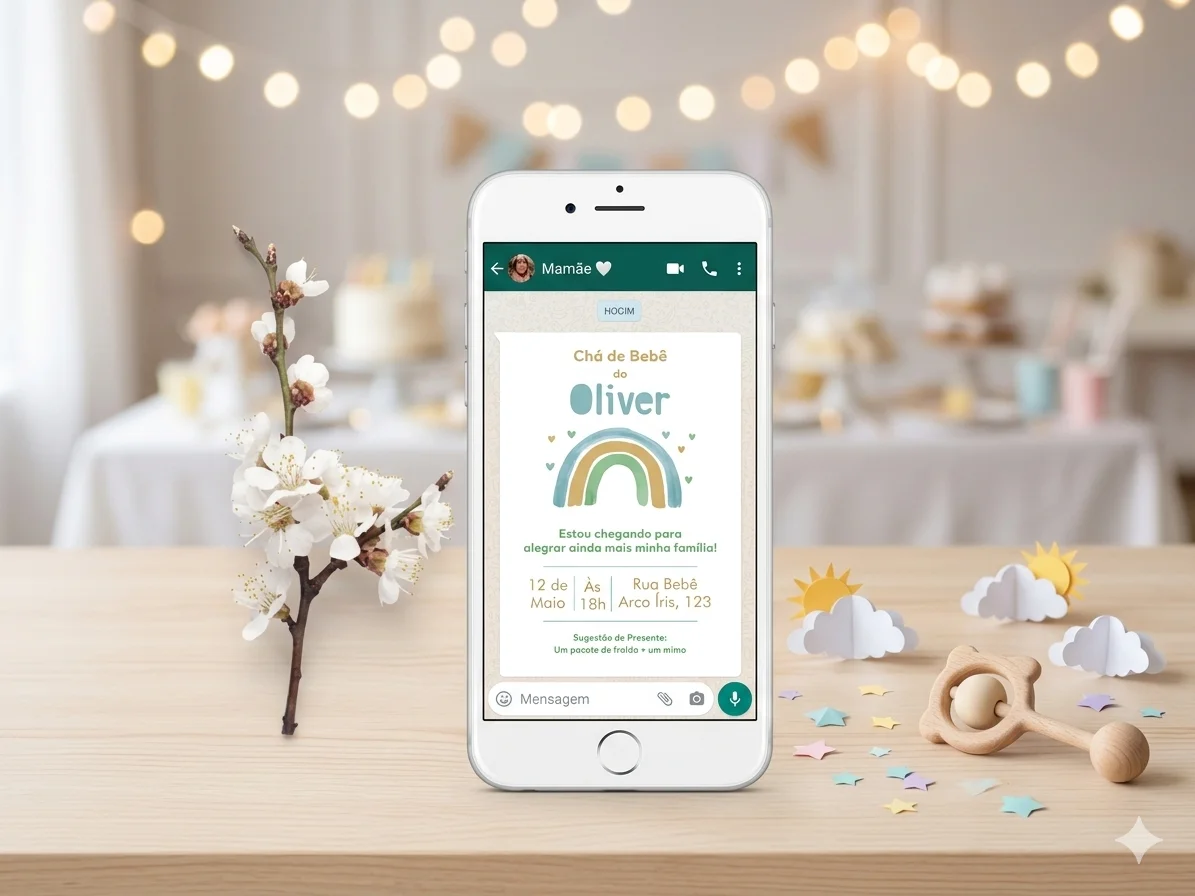 Convite Digital Personalizado Arco-Íris Boho Menino